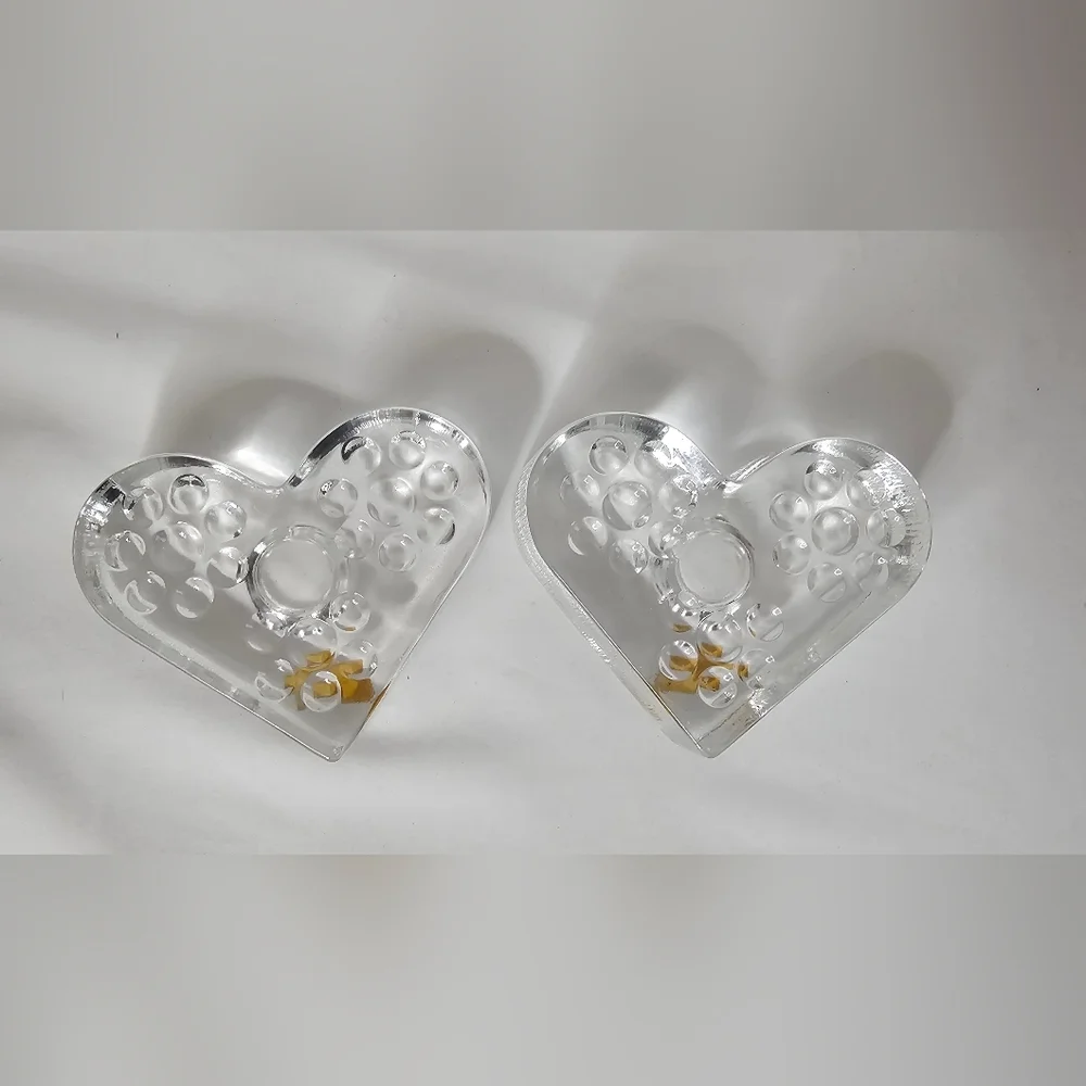 ​Hadeland Norway Glass Heart Candle Holder Pair Full Lead Crystal Handmade NOS